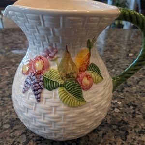 Hand Painted Water Pitcher from Portugal - Fruit with basket-weave backround